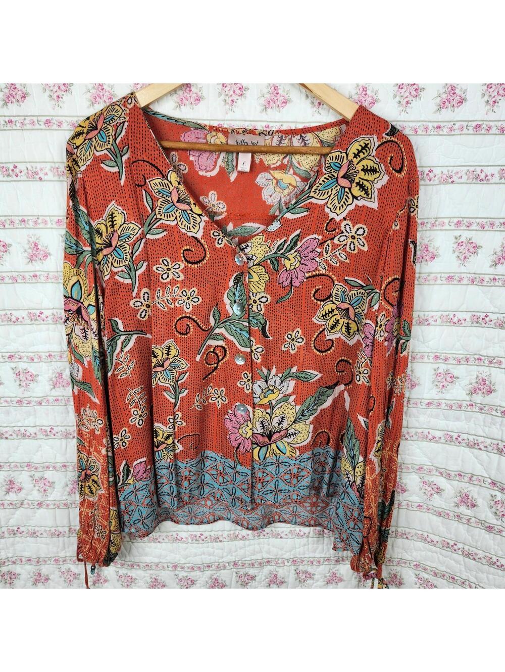 Willow & Root Boho Floral Blouse L Orange Multi Peasant Top 100% Rayon
